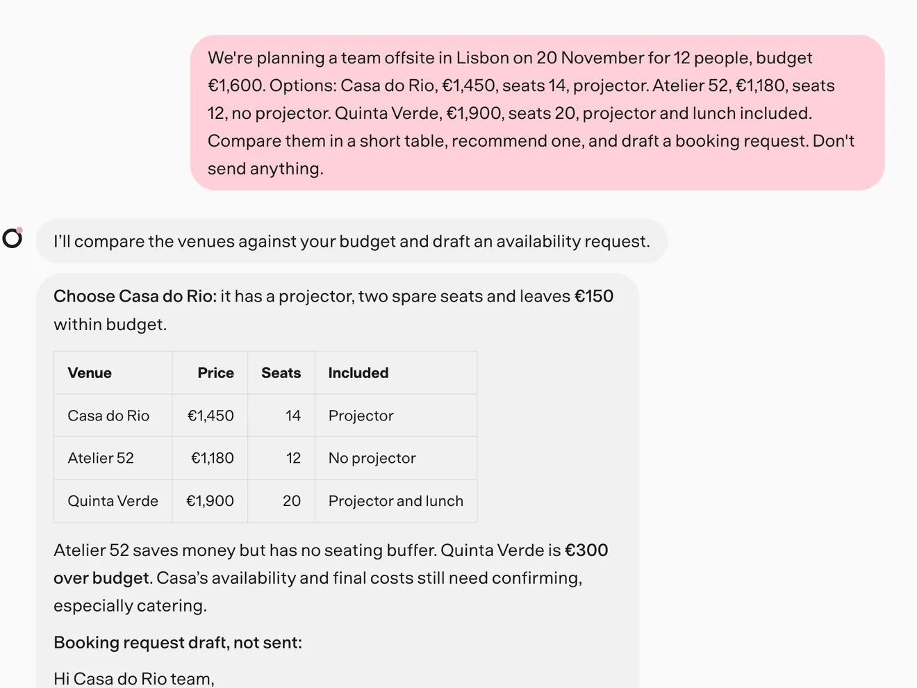 Nod comparing three venues in a table and drafting a booking request it hasn't sent.