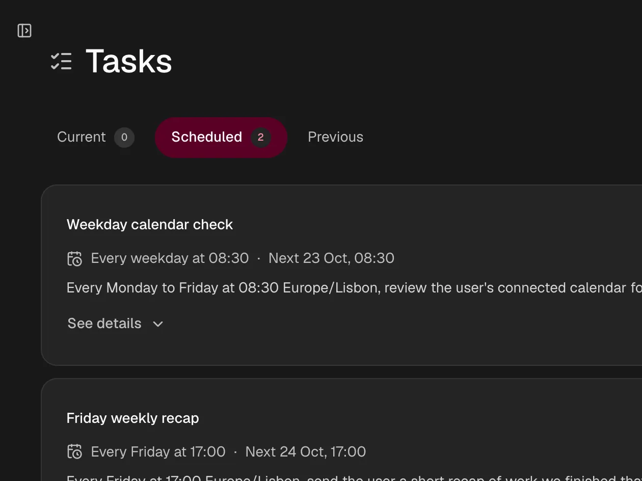 The Tasks page with a weekday calendar check and a Friday recap scheduled.