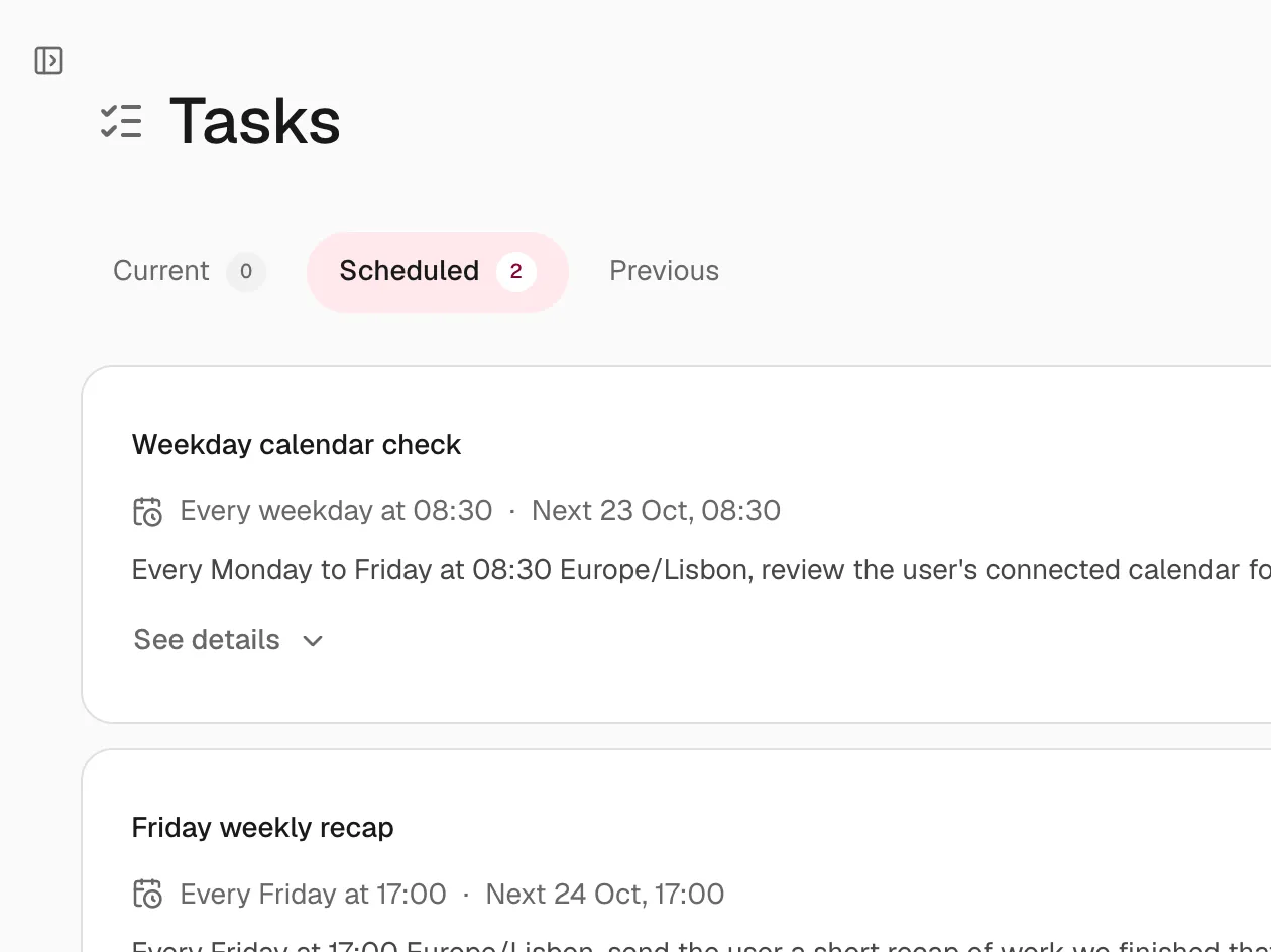 The Tasks page with a weekday calendar check and a Friday recap scheduled.