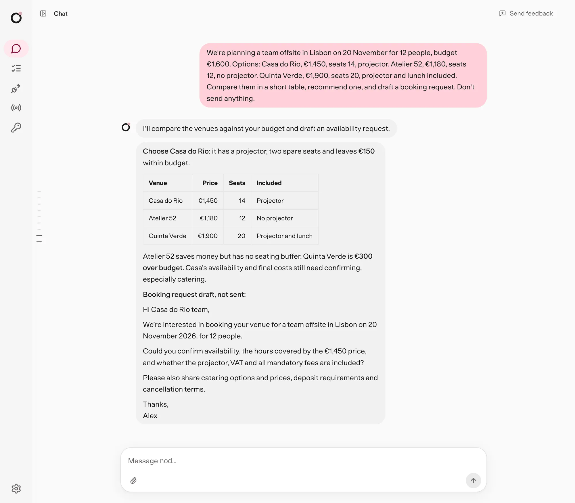 Nod chat comparing three suppliers in a table, then drafting a reply that it hasn't sent.